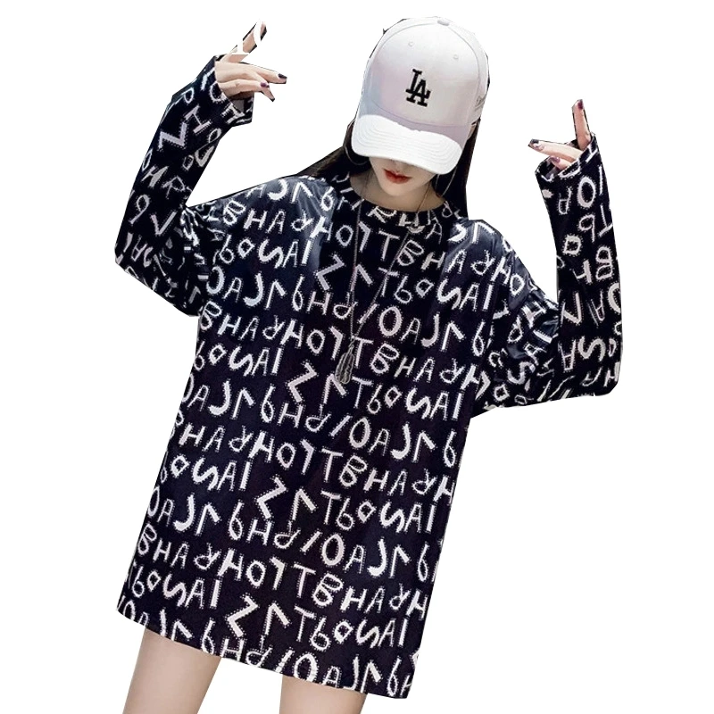 Женская Повседневная футболка QING MO черная хлопковая с длинным рукавом и круглым