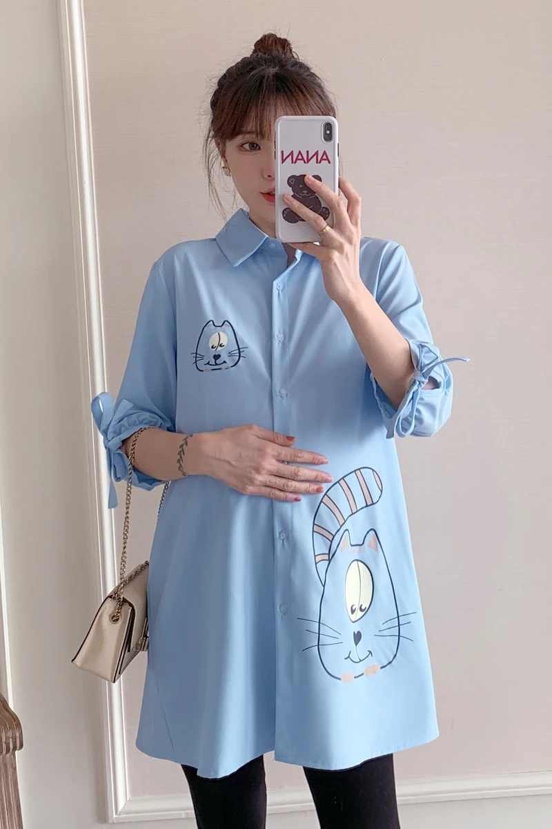 

2070# 2021 Spring Chic Cotton Maternity Blouses Long Sleeve A Line Loose Shirt Clothes for Pregnant Women Cute Pregnancy Tops