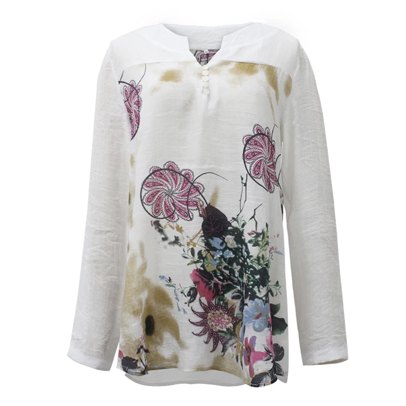 

Women Cotton Linen Floral Print Shirt Top Plus Size 5XL Patchwork Tunic O-neck Long Sleeve Female Blouse 2021 Summer Lady Shirts