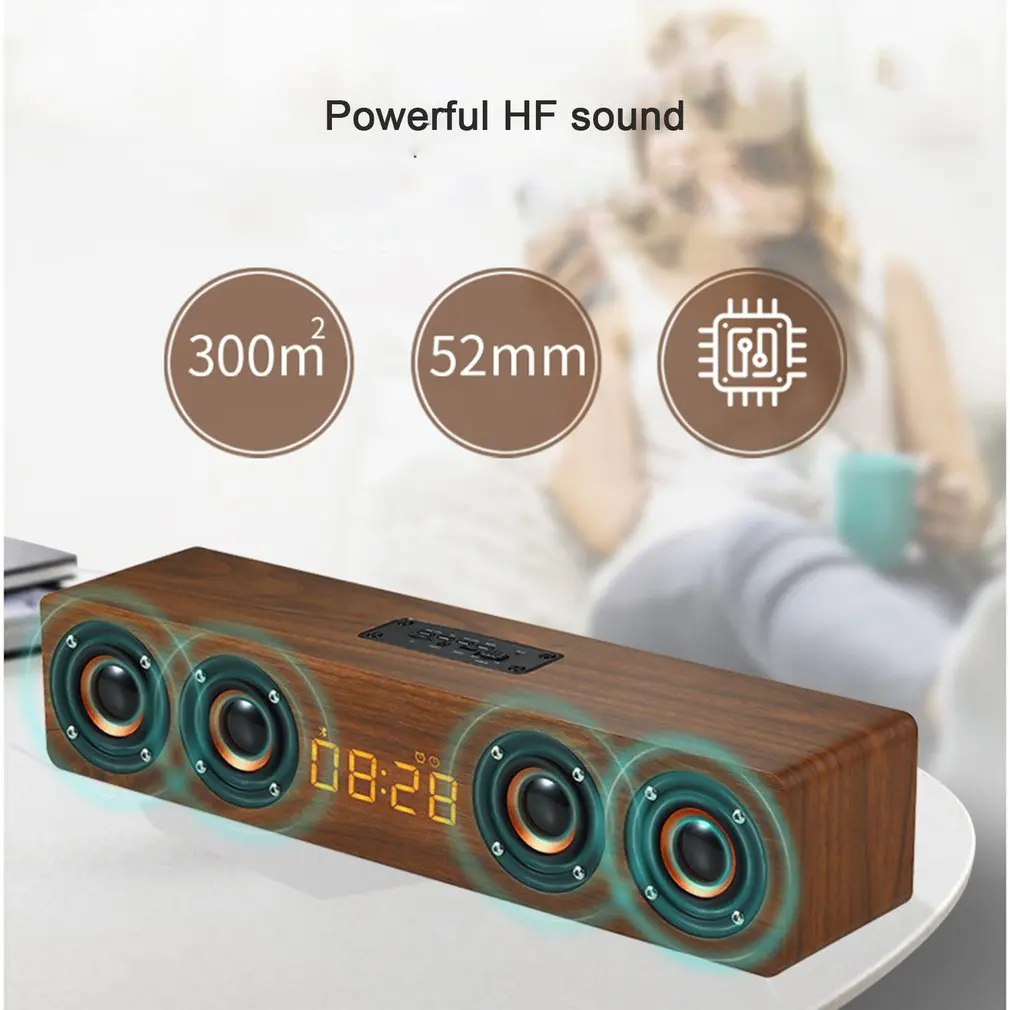 

Wooden Soundbar Bluetooth-compatible Speaker Music Acoustic System 20W HIFI Stereo Surround LED Outdoor Speaker With FM Radio
