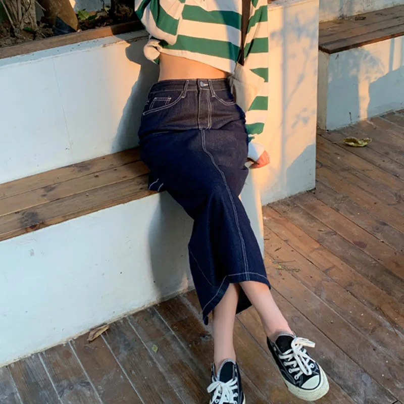 Женская длинная джинсовая юбка с разрезом элегантная винтажная повседневная
