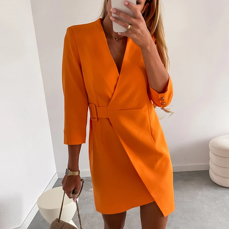 

Autumn Solid Office Lady Party Dress Women Elegant V Neck Side Belt Blazer Mini Dress Casual Long Sleeve Irregular Dress Vestido