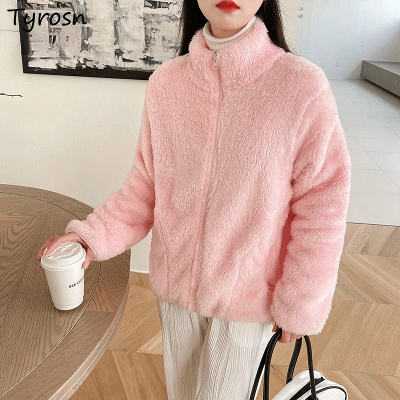 

Jackets Women Zip-up Solid Coral Fleece Thickening Warm Soft Coats Stand Collar Elegant Korean Style Tender All-match Loose Cozy