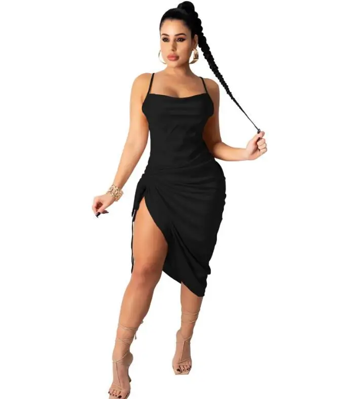 

Zoctuo Club Dresses For Women Spaghetti Strap Sexy Dresses For Women Solid Sheath Party Night Sexy Slit Midi Dress Summer 2021