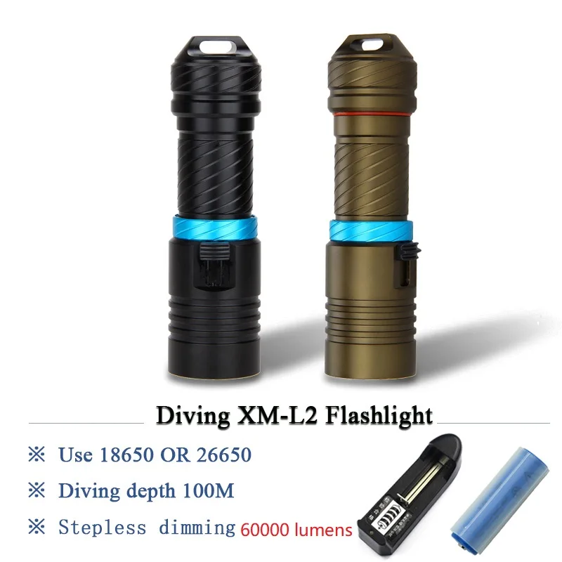 XM-L2, профессиональный фонарик для дайвинга, 100 м, портативный светодиодный фонарь для подводного плавания, usb 18650 или 26650, перезаряжаемый аккумулятор