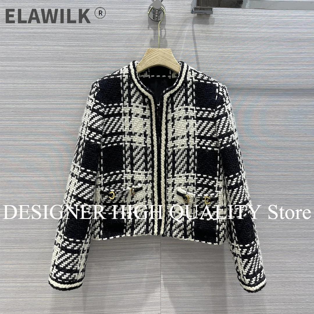 

England Style Geometric Plaid Tweed Coat Women Vintage Metal Buttons O-neck Long Sleeve Coarse Knit Autumn Winter Woolen Jacket