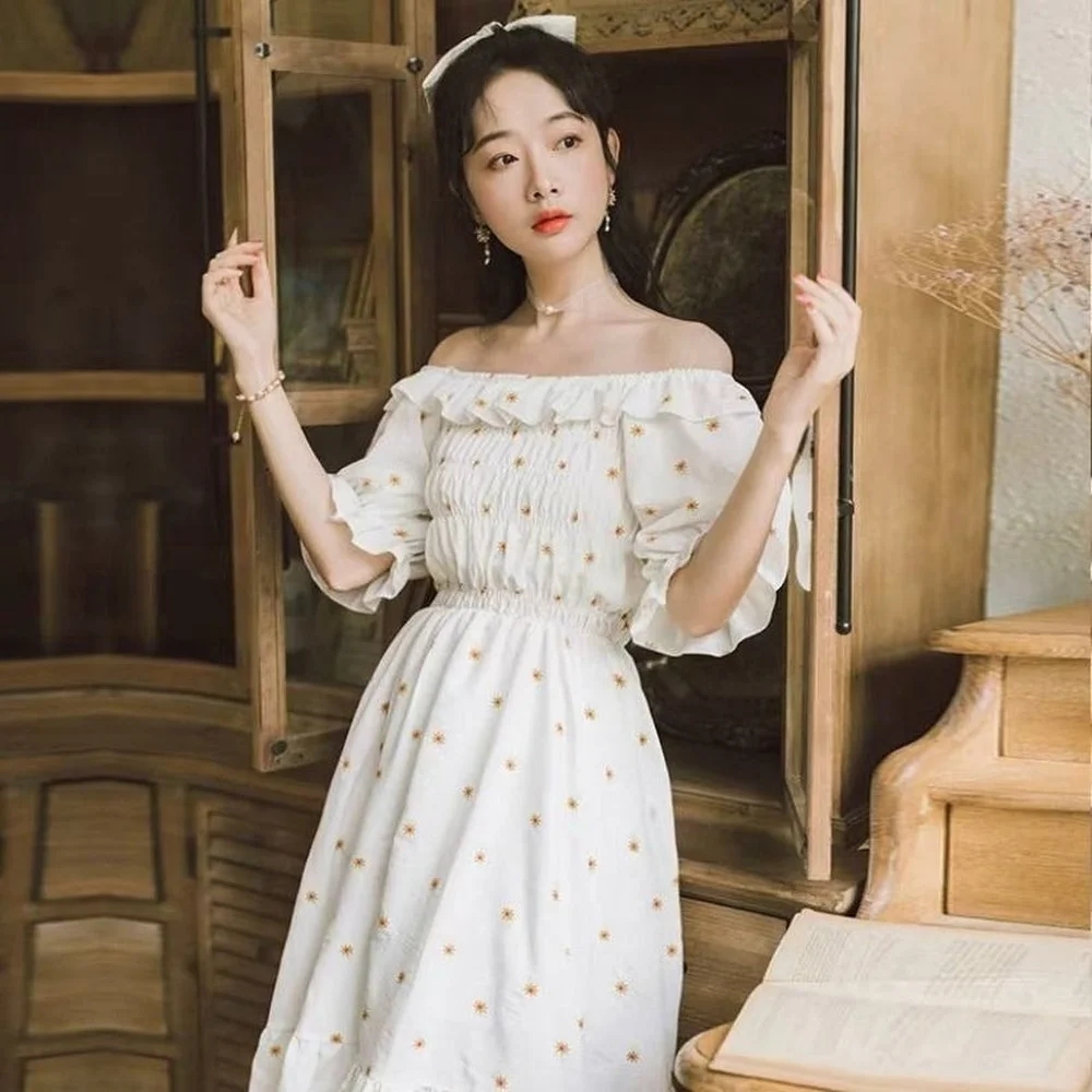 

Short Sleeve Elegant Dress Women Square Collar Floral Design Kawaii Dress female casual One Piece Dress Korean Party 2021 Summer