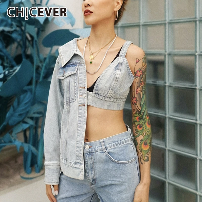 

CHICEVER Asymmetric Jacket For Women V Neck Long Sleeve One Off Shouder Patchwork Hollow Out Denim Coats Female 2020 Fall Style