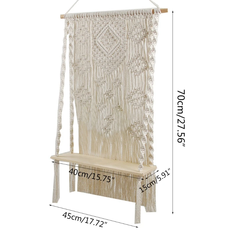 

Macrame Wall Hanging Shelf Boho Style with Floating Wood Shelf Handmade Plants Organizer Hanger Decoration