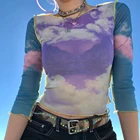 Женская Сетчатая футболка с принтом голубого неба и облаков, укороченные топы, Повседневная летняя Уличная Сексуальная футболка в стиле пэчворк, Camiseta
