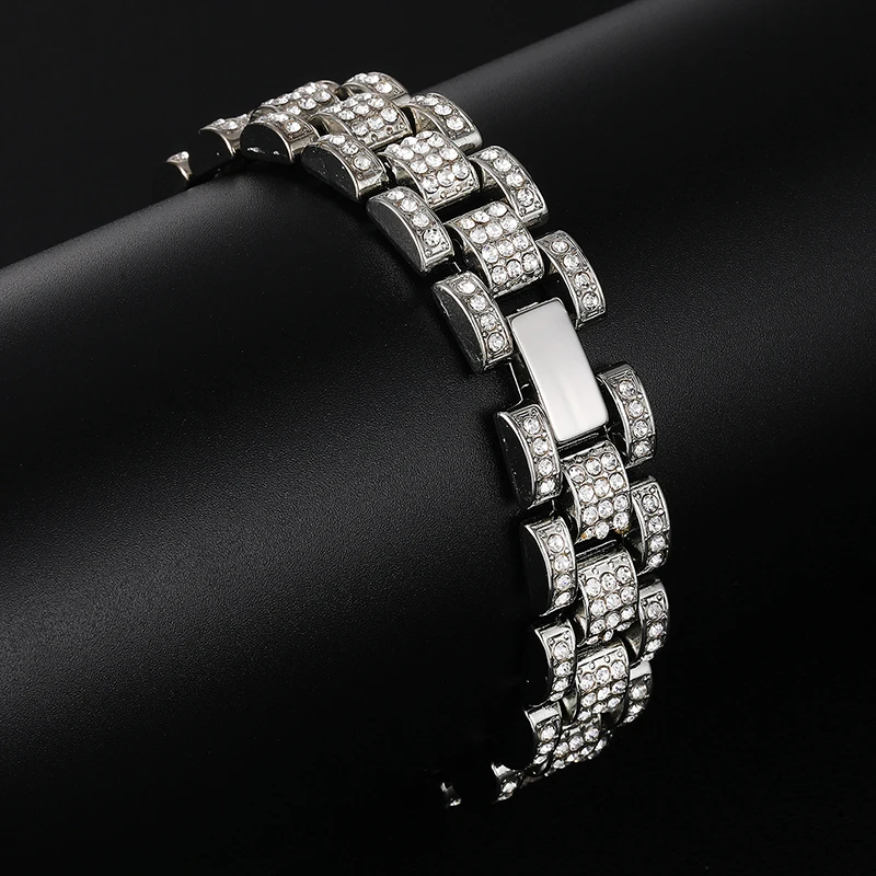 Хип хоп Iced Out Bling цвета: золотистый, серебристый полный часы со стразами группа звено цепи браслеты для мужчин рэппер ювелирные изделия
