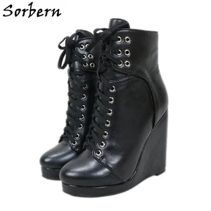 Женские ботинки на танкетке Sorbern, черные дизайнерские ботинки на высоком каблуке, на шнуровке, размеры 13