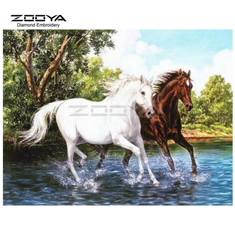ZOOYA Алмазная вышивка 5D DIY Алмазная картина лес вода бег лошадь Алмазная картина вышивка крестиком Стразы мозаика BJ1894 - Цвет: Белый