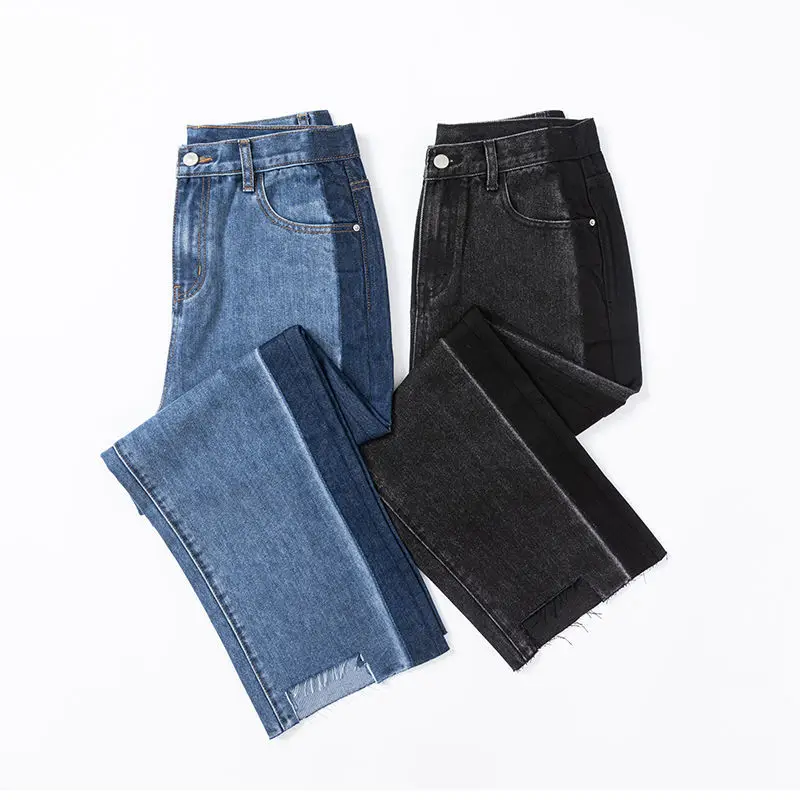 

Fashion Jeans Women's Straight Wide Leg Stitching Loose Large Size Korean Retro High Waist Thin Trousers 2021 Autumn Winter New