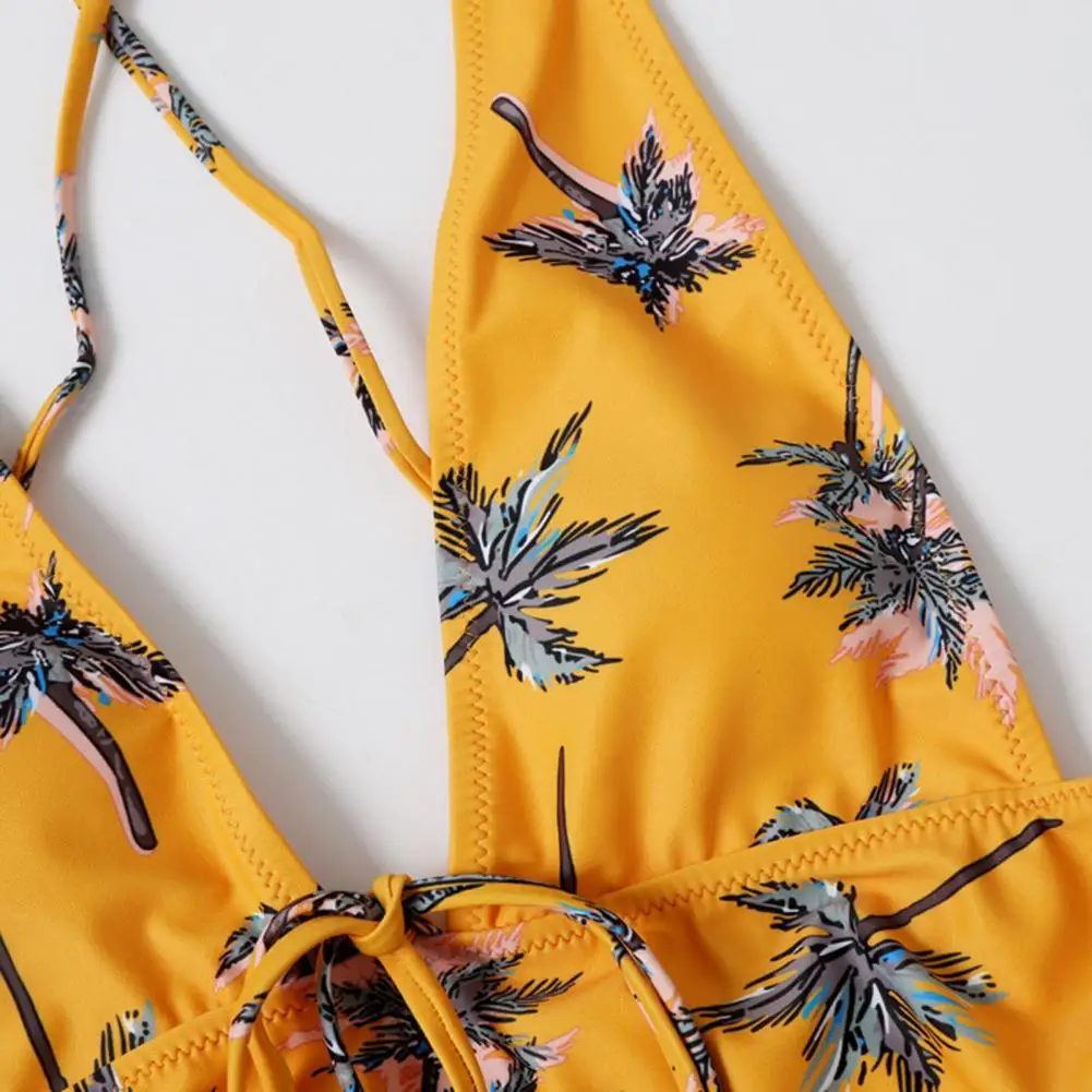 

Women Bikinis Set Coconut Tree Print Backless One-piece Deep V-neck 2021 Summer Bikini Swimsuit Bathing Suit