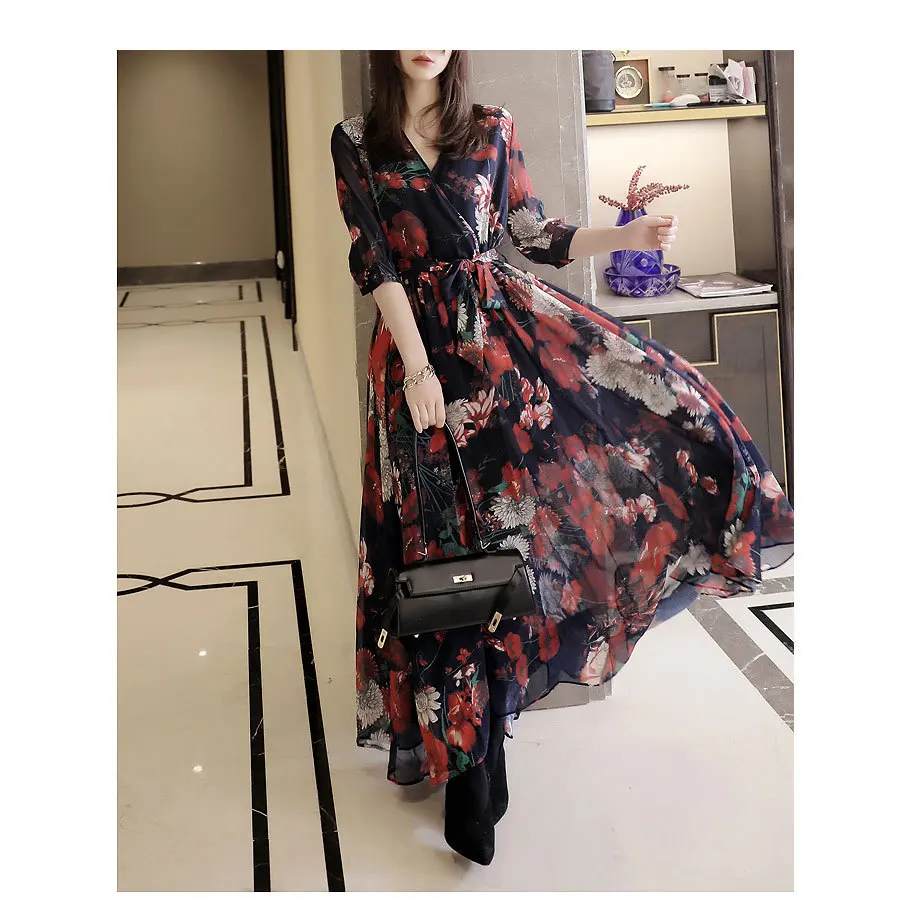

Goddess of grace Versailles contrast floral handle print elastic high waist acetate Chiffon ankle long dress spring summer