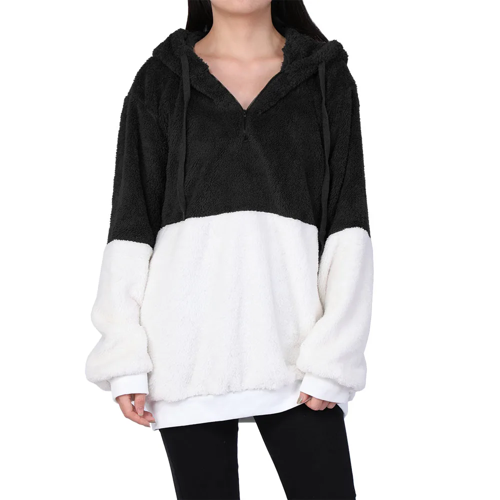 black 2 OEAK, женские флисовые толстовки,, длинный рукав, с капюшоном, пуловер, толстовка, Осень-зима, теплая, на молнии, с карманами, меховое пальто размера плюс, 5XL - Цвет: black 2