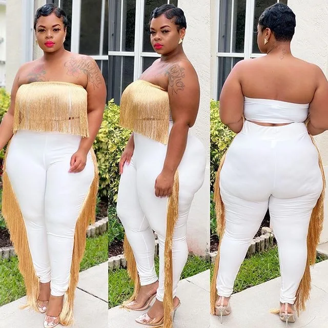 Conjuntos de ropa Sexy para mujer, Tops y juegos de pantalones largos, borla blanca, conjuntos sexys para Club nocturno, conjuntos de talla grande 2020