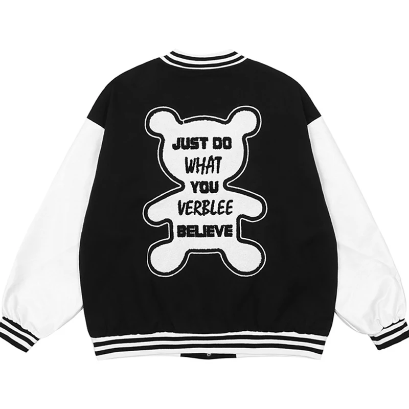

Men Cartoon Bear Embroidery Varsity Jacket Chaquetas Hombre Couple PU Leather Stitching Simple Baseball Uniform Fall Windbreaker