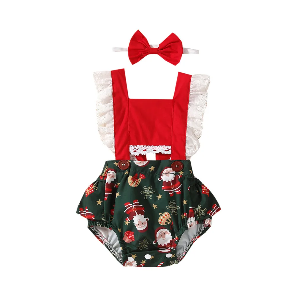 

Рождественское боди с принтом Санта Клауса для маленьких девочек, повязка на голову для новорожденных 0-24 м, детский кружевной комбинезон с ...