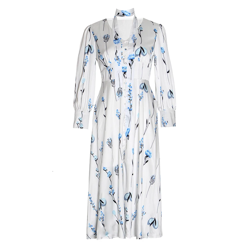 Женское платье CHICEVER белое с принтом треугольным вырезом рукавом фонариком и