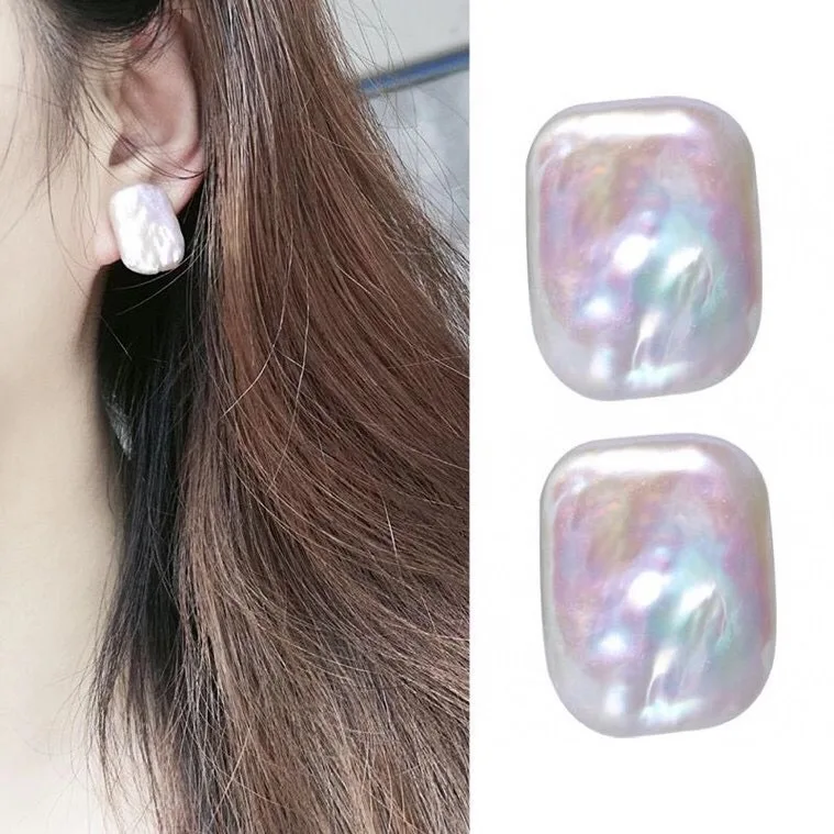 Серьги-гвоздики с натуральным жемчугом барокко антиаллергенные квадратные 14-19