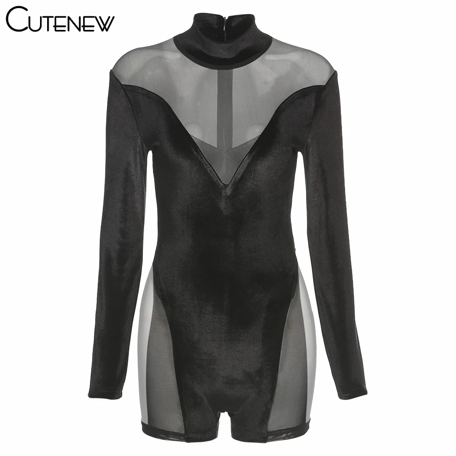 

Cutenew Velvet Mesh Zipper Bodycon Rompers Women Turtleneck Streetwear Active Sexy See Through Party Clubwear Slim Playsuits Hot