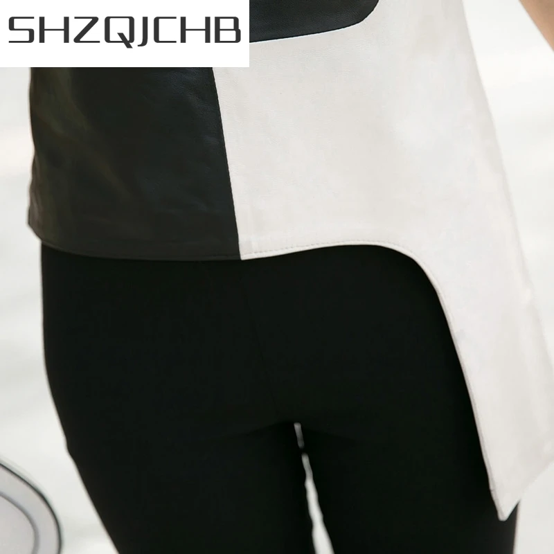 

JCHB 2021 Streetwear 100% Sheepskin Real Leather Sleeveless Jacket Female OL Style O-Neck Patchwork Short Waistcoat Luxury Offic