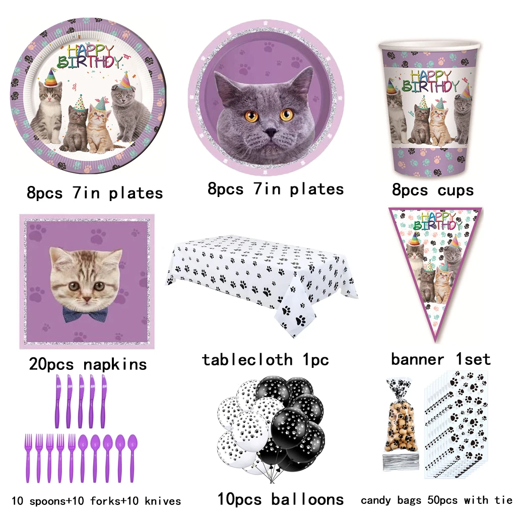 

Cat Party Supplies Plates Cutlery Balloons Birthday Decorations Set Kitten Party Dinnerware Plates Napkins Cups Banner Candy Bag