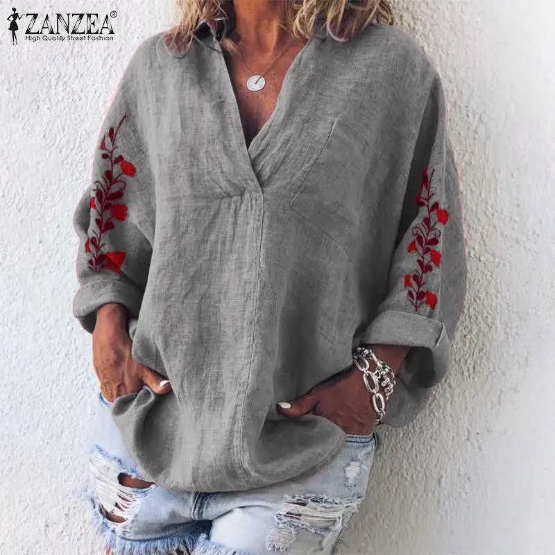 Женская блузка с цветочной вышивкой и длинным рукавом, ZANZEA, осенняя хлопковая льняная рубашка с v-образным вырезом, Femme Robe, рабочая блуза, Chemise Mujer, топы