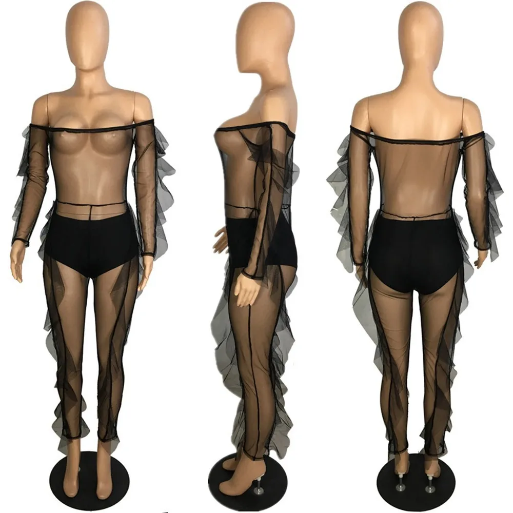 

Mesh See Through Sexy Jumpsuit Overalls for Women Off Shoulder Long Sleeve Side Ruffles Romper Club Party Catsuit with Underwear