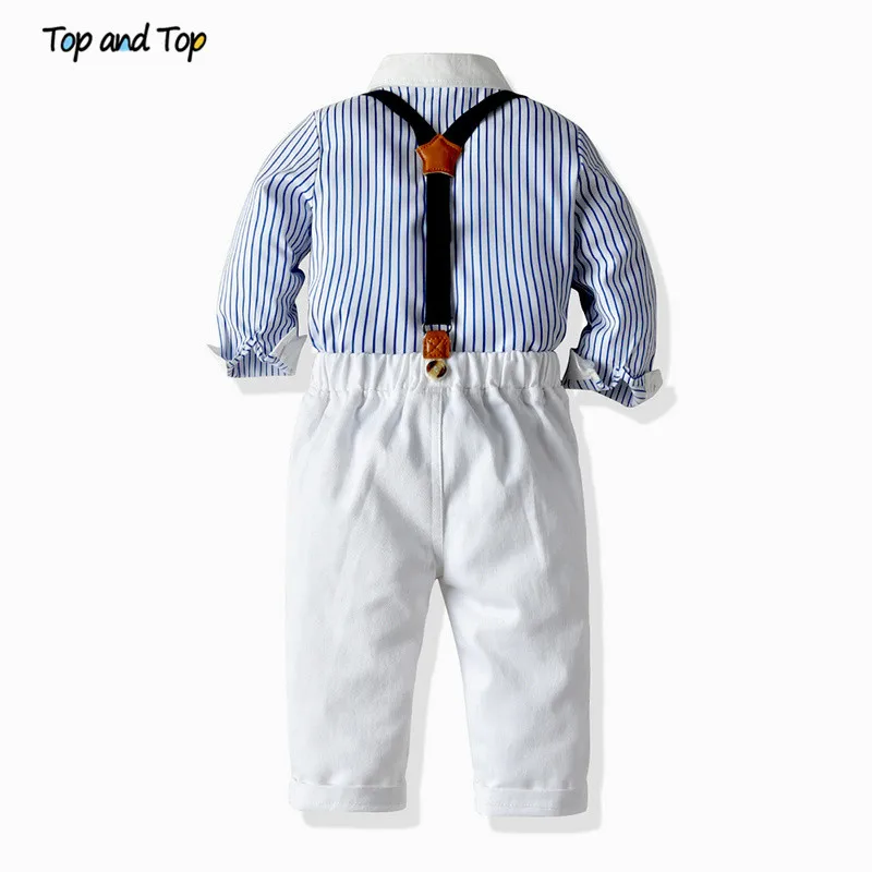 Top and Children Boys Clothing Set Gentleman Outfits Long Sleeve Striped Bowtie Shirt+Suspender Trousers Kids Clothes | Детская одежда