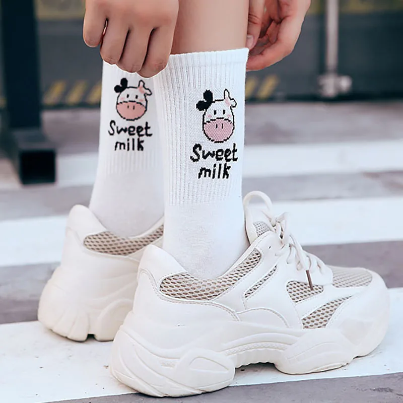 

Sweet Milk Cow Printed Striped Pattern Japanese Style Mid Tube Socks for Women Breathable Cotton Long Socks 1Pair Kawaii Sox