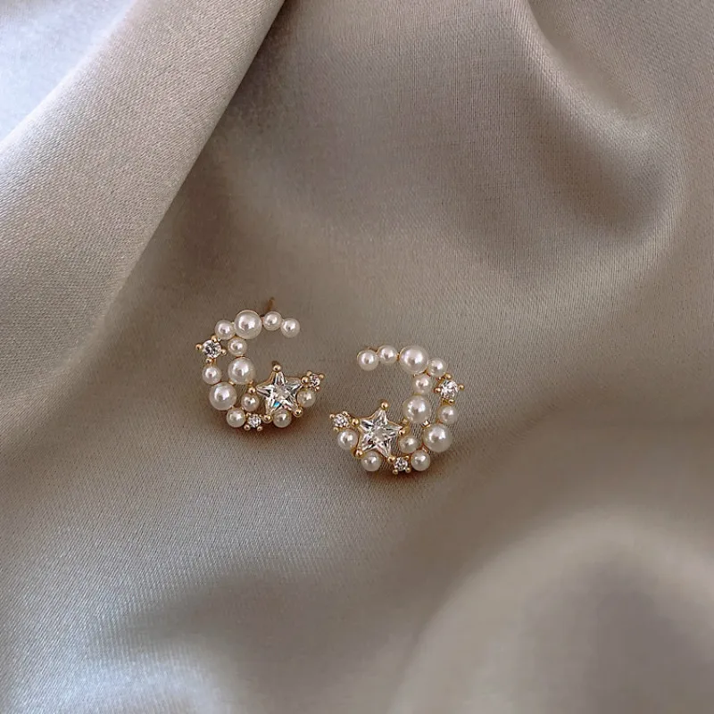 Модные женские серьги с кристаллами и луной со звездой жемчугом модные для