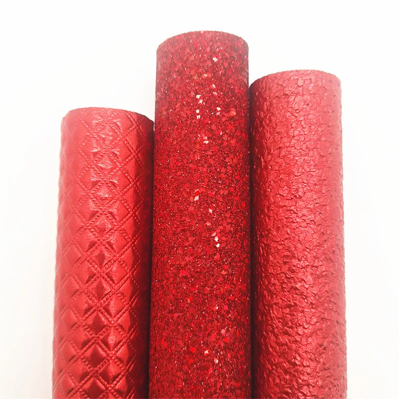 3PCS/SET Christmas Red Glitter Vinyl Fabric Matching with Stone Grids Faux Leather For Bows Earrings DIY 21X29CM Q037