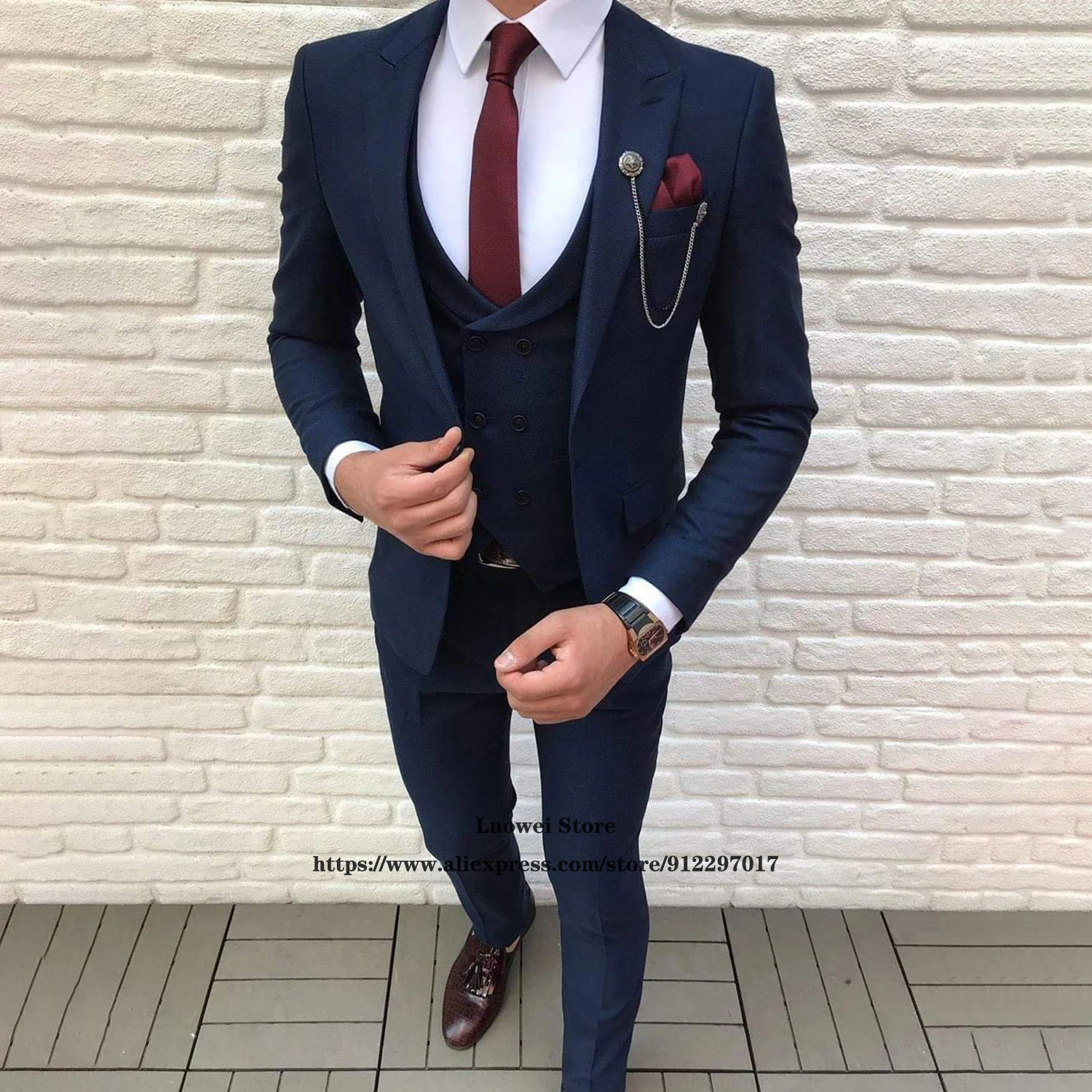 Classic Navy Blue Mens Suits 3 Piece Jacket Vest Pants Set Double Breasted Tuxedo For Groom Wedding Party Blazer Terno Masculino