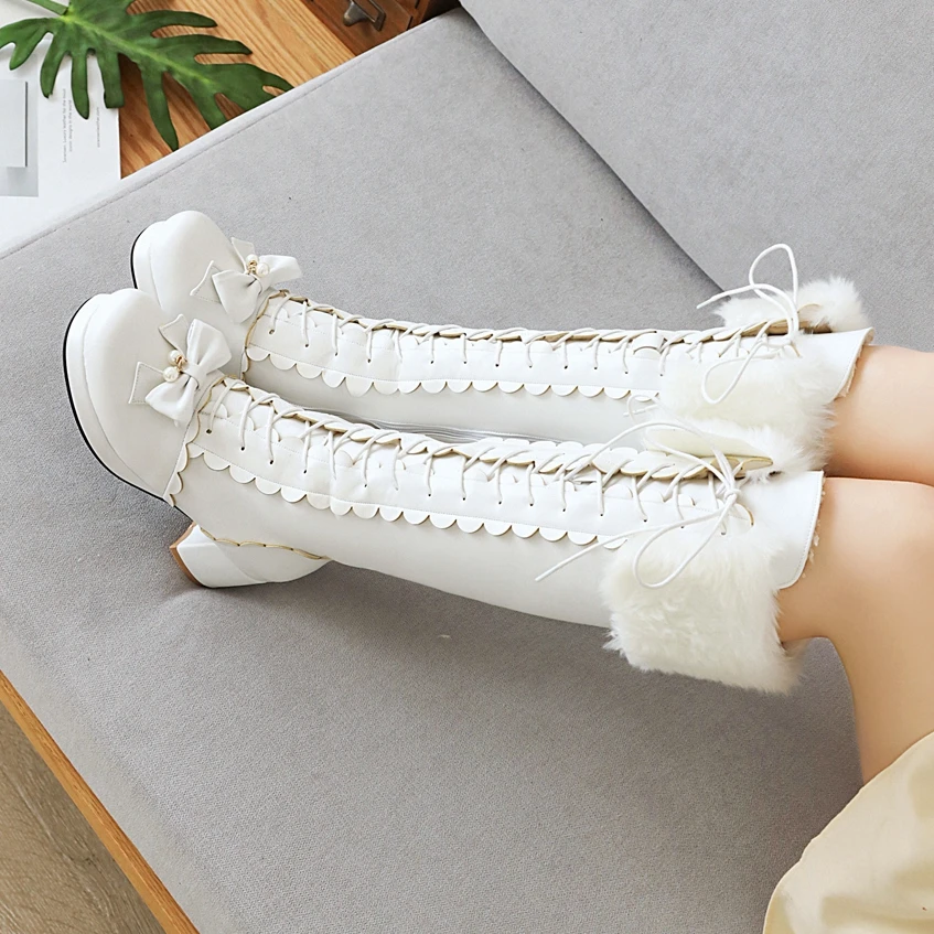 

Brand New Chunky Heels Sweet Bow Tie Shoelaces Warm Fur Winter Lolita Stylish Calf Boot Chic Women Shoes Boots Size 30-44