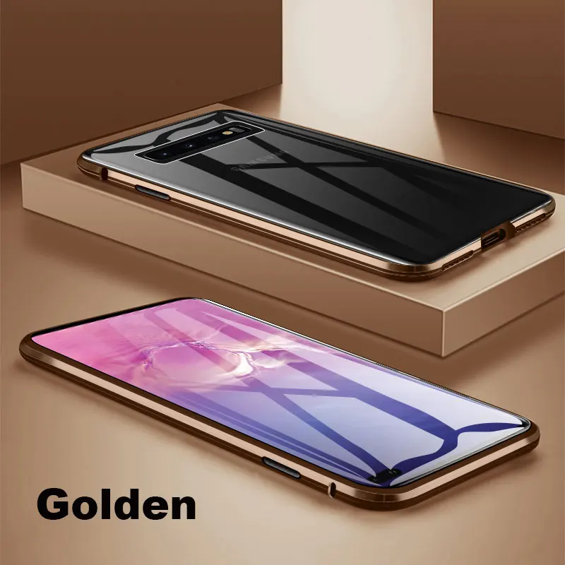 Golden 360 двусторонний полное покрытие Магнитный чехол для samsung A50 чехол с уровнем твердости 9H закаленное Стекло чехол для samsung A70 чехол для A40 A20 S8 S9 S10 - Цвет: Golden