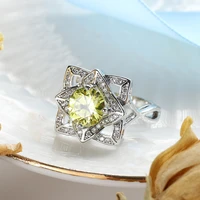 brilliant double petal olive yellow zircon hollow out flower ring unique style engagement wedding copper rings for women jewelry