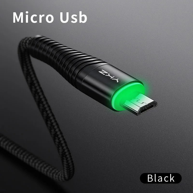 Черный YKZ светодиодный Micro USB кабель 3A Быстрая зарядка и синхронизация данных шнур для samsung huawei Xiaomi Andriod USB Microusb Кабели для мобильных телефонов - Цвет: Черный