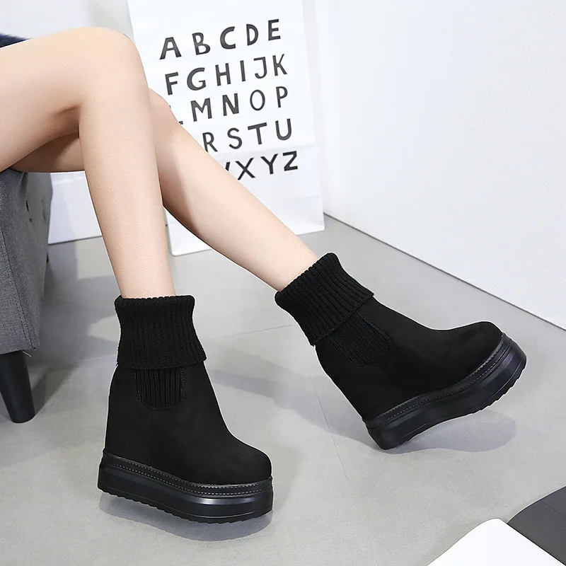 

11cm high boots children's autumn and winter wool mouth Plush thick bottom slope heel boots muffin casual knitting Martin boots