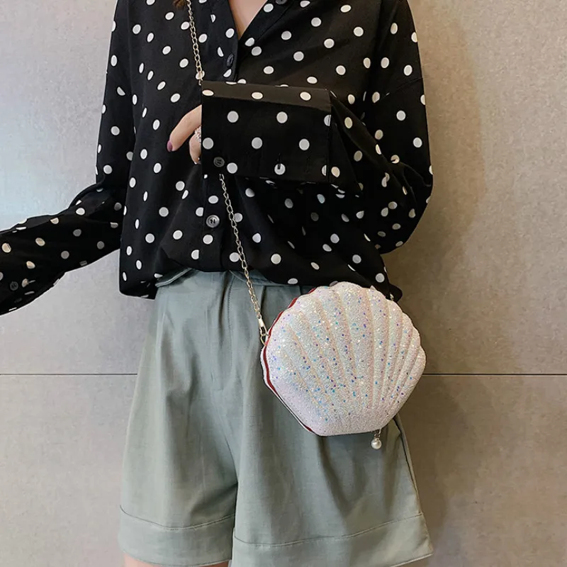

Fashion Chain Sequined Shoulder Bag for Women Pu Leather Handbags Cute Shell Shape Purse Mini Bag Bolsa Feminina Messenger Bag