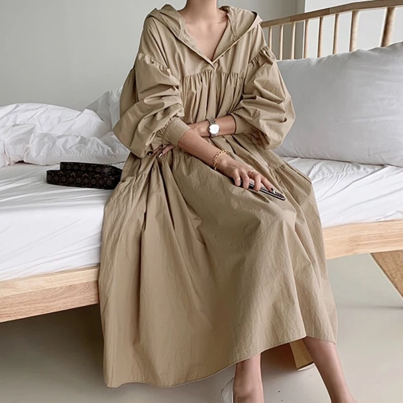 

2021 Spring Fall Korean Chic Lantern Sleeve Dresses Female One-Piece Minimalism Women Hooded Collar Runway Dress Ladies Vestidos