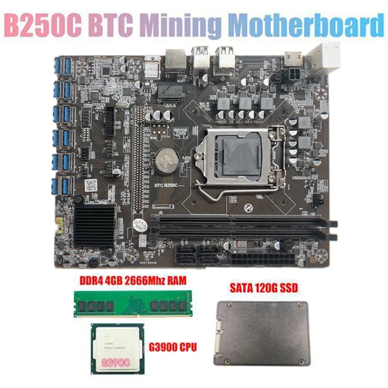 

B250C BTC Mining Motherboard with G3900 CPU+DDR4 4GB 2666MHZ RAM+120G SSD 12XPCIE to USB3.0 Card Slot LGA1151 for BTC