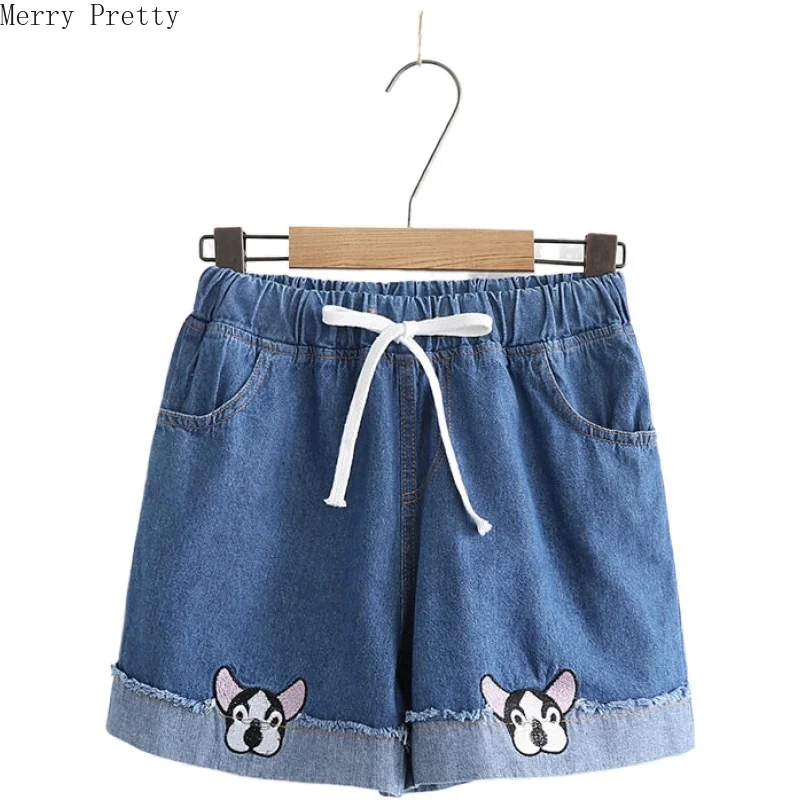 

High Waist Cartoon Embroidery Denim Shorts With Pockets Straight Loose Hot Shorts Summer Casual Elastic Waist Short Jeans