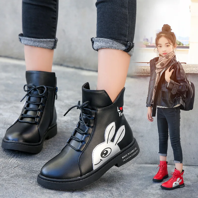 

Girl Boots Autumn Winter Red Warm Rain Boots Rabbit Waterproof Imitation Leather Martin Boots Christmas Gifts Kids Boots Girls