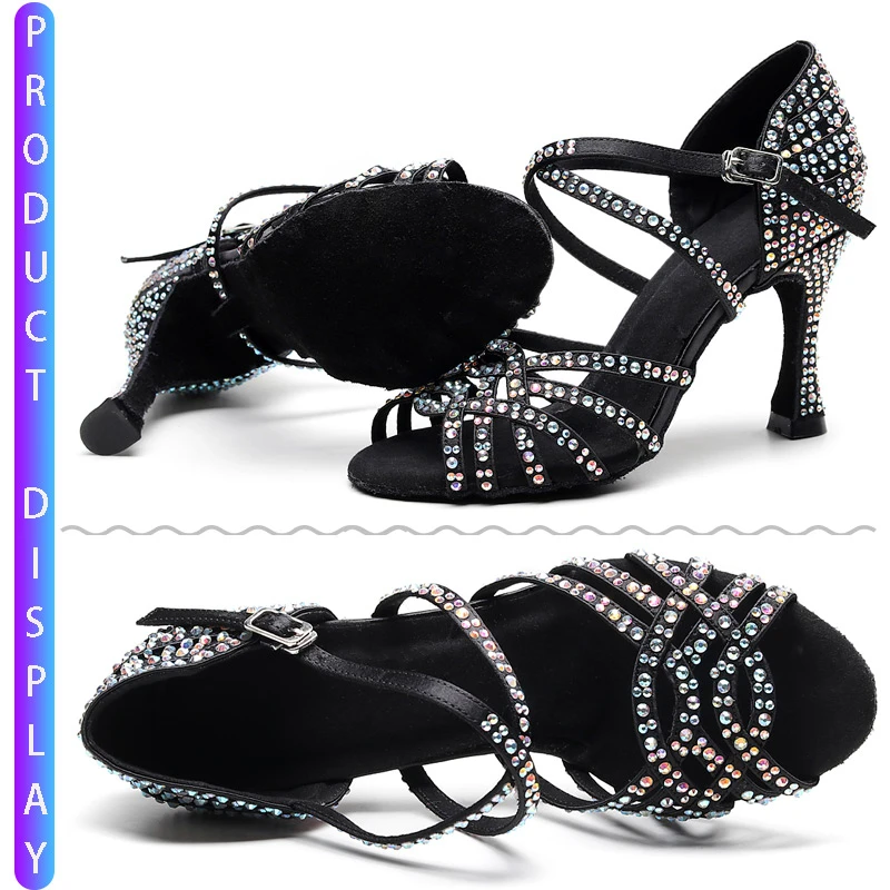 Salsa Jazz Women Latin Dancing Shoes Satin Social Professional Line Women Heels Ballroom Outdoor Dance Black