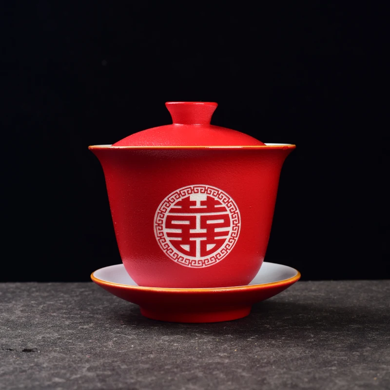 Китайский праздничный свадебный чайный набор Gaiwan, керамический чайный набор, домашний черный чайный набор кунг-фу, Да Хун Пао, свадебный подарок в упаковке
