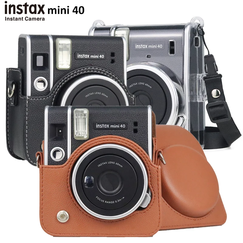 Camera Case for Fujifilm Instax Mini 40 Instant Film Camera, Protective PU Leather Bag/Clear Crystal Cover with Shoulder Strap