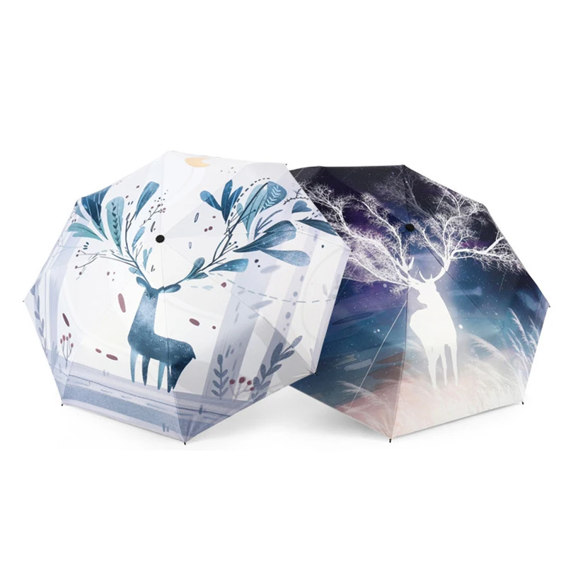 YADA 2020 Hand-Painted Deer Elk Pattern 3-Folding Umbrella Women UV Rainproof Parasol Rain Sun Light Umbrellas YD200194 | Дом и сад